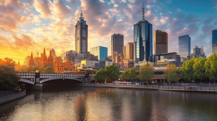 Fototapeta premium Stunning View of Melbourne Skyline with Flinders Street Station by the Yarra River in Victoria, Australia