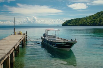 Obraz premium Compact Motor Vessel Moored by Rope at Replot Dock: A Scenic Travel Moment on Water