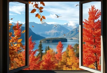 Autumn leaves frame a tranquil mountain lake view from a window,  red, picturesque
