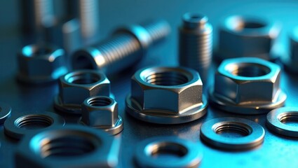 The unique nut designed for specific applications in the construction industry set against a light blue backdrop. The concept of industrial anti-loose nut and bolt manufacturing.