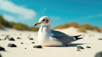 Obraz premium Injured juvenile yellow-footed gull resting on Isla Coronado in the Sea of Cortez.