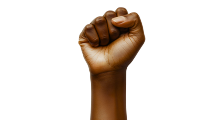 A dark-skinned clenched fist raised high, a symbol of the fight against racism and for equality, a clenched fist in protest, transparent.