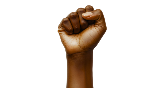 A dark-skinned clenched fist raised high, a symbol of the fight against racism and for equality, a clenched fist in protest, transparent. - Powered by Adobe