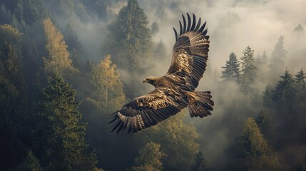 Eagle soars high in the sky amidst a hazy forest backdrop