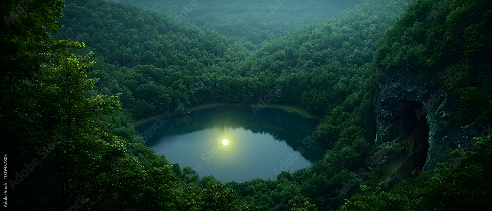 Poster aerial view of a pristine hidden lake deep within a lush green forest illuminated by a soft sunlight