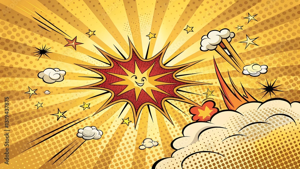 Poster dynamic explosion illustration with bursting rays and clouds. abstract background with golden elemen