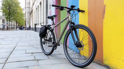 Fototapeta premium stylish mountain bike parked against colorful wall in urban setting