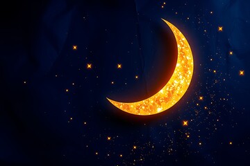 Naklejka premium Abstract Ramadan or Eid crescent moon and glowing stars and midnight blue background with copy space