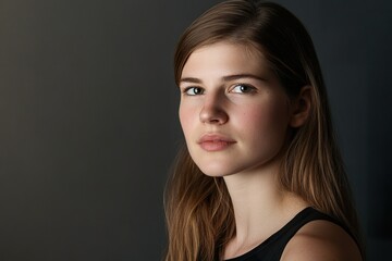 Naklejka premium A woman with long brown hair is standing in front of a dark background