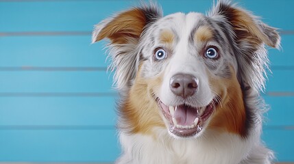 Fototapeta premium joyful australian shepherd dog with blue background