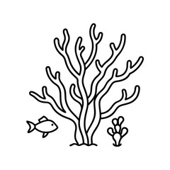 Coral reef with small fish line art illustration 