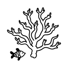 Obraz premium Coral reef with small fish line art illustration 