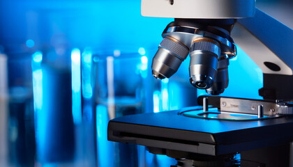 A high-powered laboratory microscope in focus, with test tubes in a soft focus background. The image has a cool blue tone