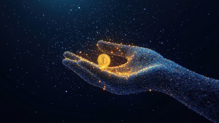 Fototapeta premium Abstract hand holding digital coin, glowing particles in dark space background