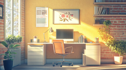 A bright, modern home office featuring a desk, computer, and potted plants, providing a warm and inviting workspace.