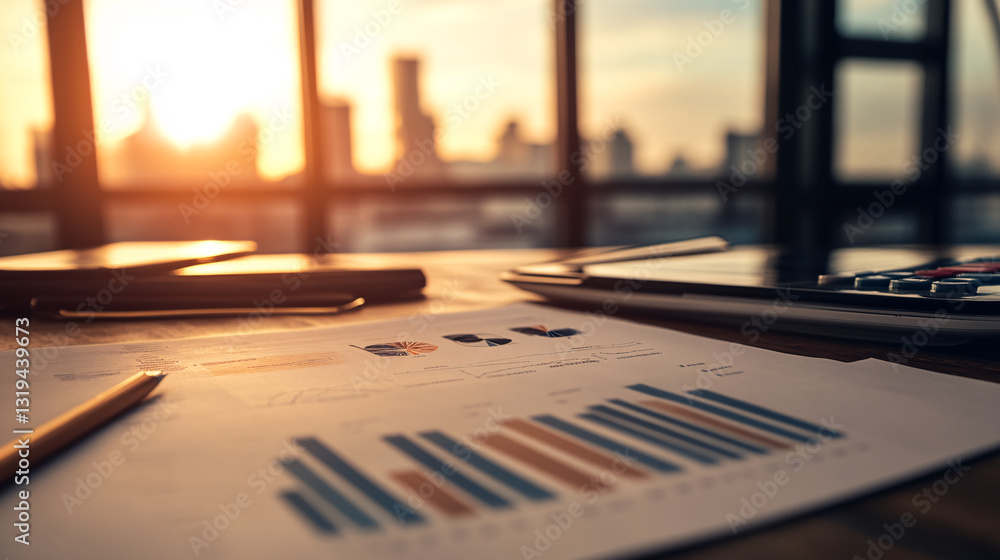 Poster a workspace with financial graphs and documents illuminated by sunset, reflecting productivity and a