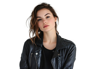 Confident young woman stands on a white background and looks directly into the camera / PNG