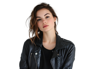 Confident young woman stands on a white background and looks directly into the camera / PNG