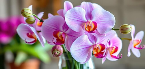 Plakat Elegant orchid bouquet in a glass vase, vibrant colors, lush blooms, vibrant, nature