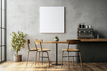 Blank canvas mockup in a modern cafe interior with wooden table and chairs.