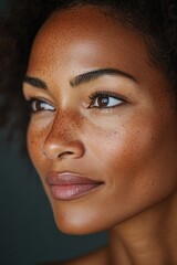 A woman with a dark complexion and a red spot on her nose