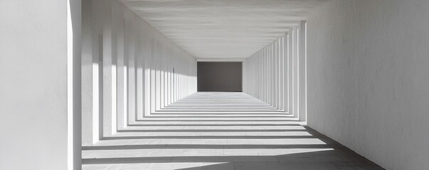 Fototapeta premium A minimalist corridor with geometric lines and shadows, creating a sense of depth and tranquility.