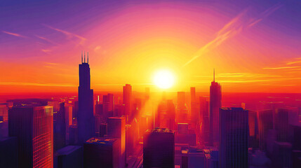 Fototapeta premium A vibrant city skyline at sunset, featuring skyscrapers silhouetted against a colorful sky with hues of orange, purple, and blue.