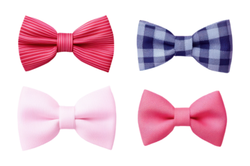 Set of four colorful bow ties in different patterns, including striped, checkered, and solid designs. Perfect for formal or casual outfits. Isolated on transparent background, png.