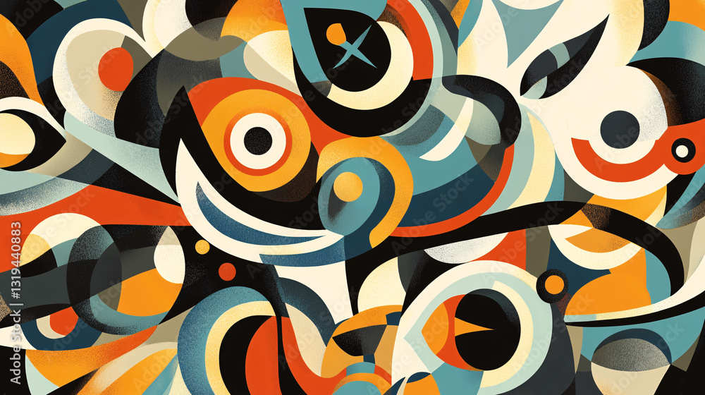 Poster a vibrant abstract artwork featuring swirling shapes and bold colors, creating a dynamic visual expe