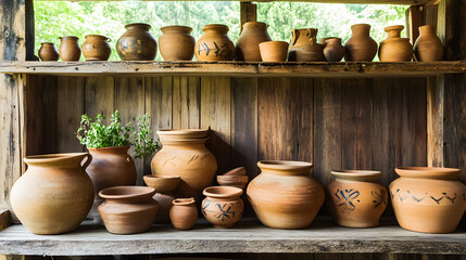Rustic clay pottery display countryside workshop artisanal craft natural environment close-up view rustic aesthetic