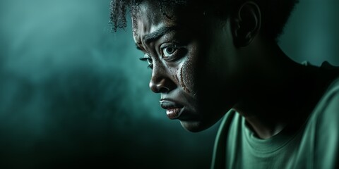 Somber close-up of a solitary person expressing deep emotion in low light setting