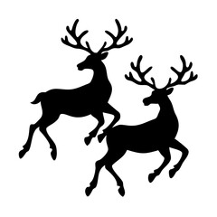 Vector illustration, symbol, icon black silhouette of two running deer with antlers for design and illustration on transparent background. 