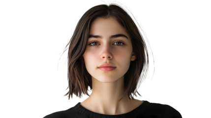 Confident young woman stands on a white background and looks directly into the camera / PNG