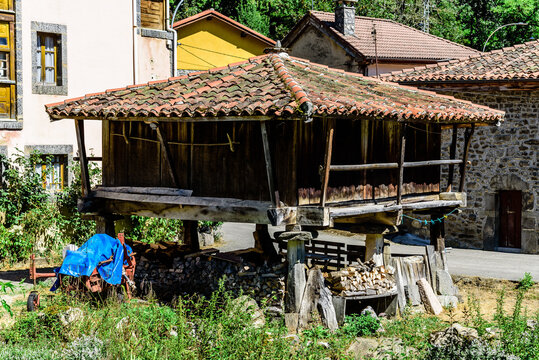 Elevated traditional granary, or horreo, stands in the charming village of Oseja de Sajambre, Spain.