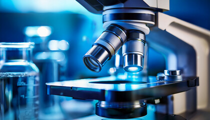 Detailed view of a laboratory microscope with glass vials in the background, illuminated by cool blue light
