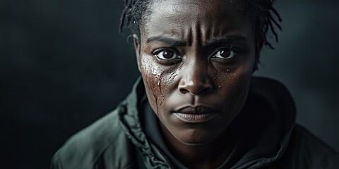 Obraz premium Solitary expression of resilience in a somber close-up portrait of an emotionally charged individual