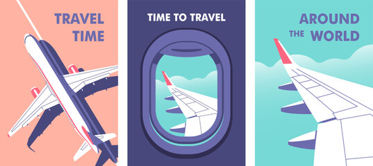 View through the porthole of aircraft. Passenger plane parked on the runway. Travel, journey concept. Perfect background on the theme of season vacation, weekend. Vector illustration. © faber14
