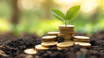 A small green plant grows from a stack of coins, symbolizing the connection between nature and financial growth in a vibrant, earthy setting.