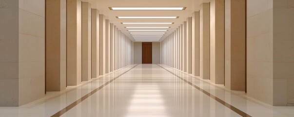 A spacious corridor featuring elegant columns, modern lighting, and a polished floor, creating a serene and sophisticated atmosphere.
