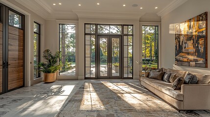 Obraz premium Inviting modern living room with large windows and stylish decor in bright, natural light setting