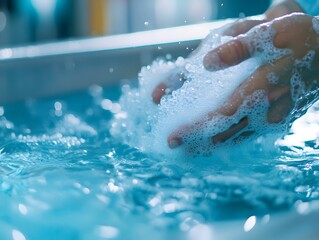 Fototapeta premium Clean Hands with Soap Bubbles in Blue Water Background