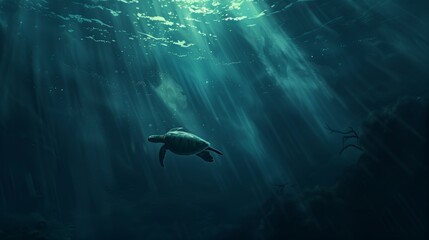 Fototapeta premium A sea turtle illuminated by rays of sunlight as it navigates beneath the waves