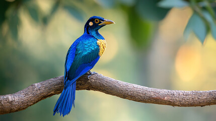 A vibrant blue bird perched on a branch, showcasing striking colors and a serene natural background.