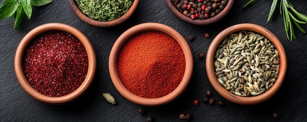 A collection of colorful spices in clay bowls on a dark background, showcasing vibrant hues and textures, perfect for culinary inspiration.