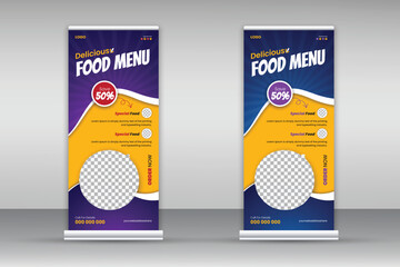 Delicious food menu roll-up banner design template for restaurant in purple and blue color bundle, modern and special fast food menu design pull-up banner for business promotion set