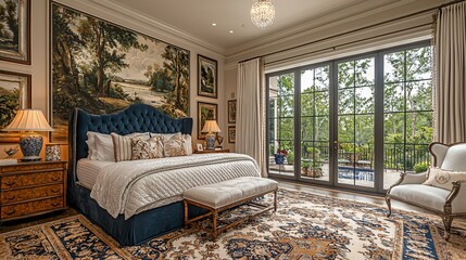 Fototapeta premium Luxurious and Elegant Bedroom with Large Windows and Artwork in Modern Home Interior Design