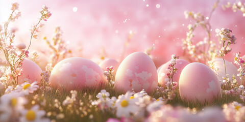 Pink Easter Eggs in Spring Meadow