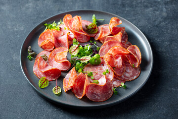 Cured meat, sausage assortment platter, antipasti, charcuterie with fresh salad. Dark background. Close up.