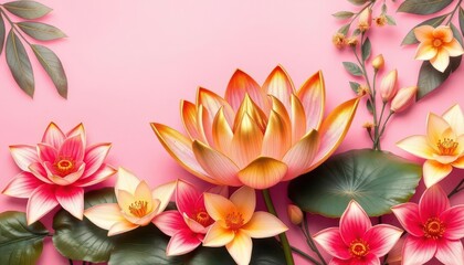 Fototapeta premium Golden lotus & tropical blossoms on soft pink background, luxurious cosmetic pattern, floral pattern, product