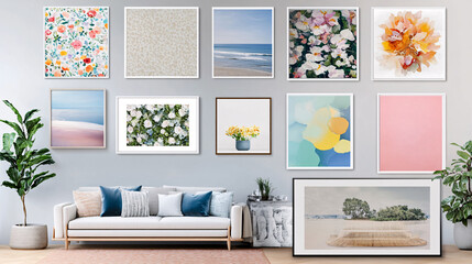 A stylish living room featuring a gallery wall of framed artwork, a cozy couch with decorative pillows, and a potted plant, creating a vibrant and inviting atmosphere.